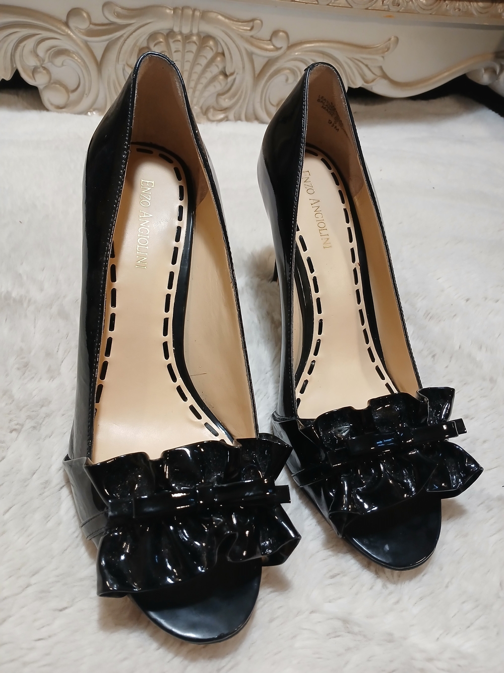 Enzo Angiolini Black Patent Open-Toe Heels with Ruffled Bow